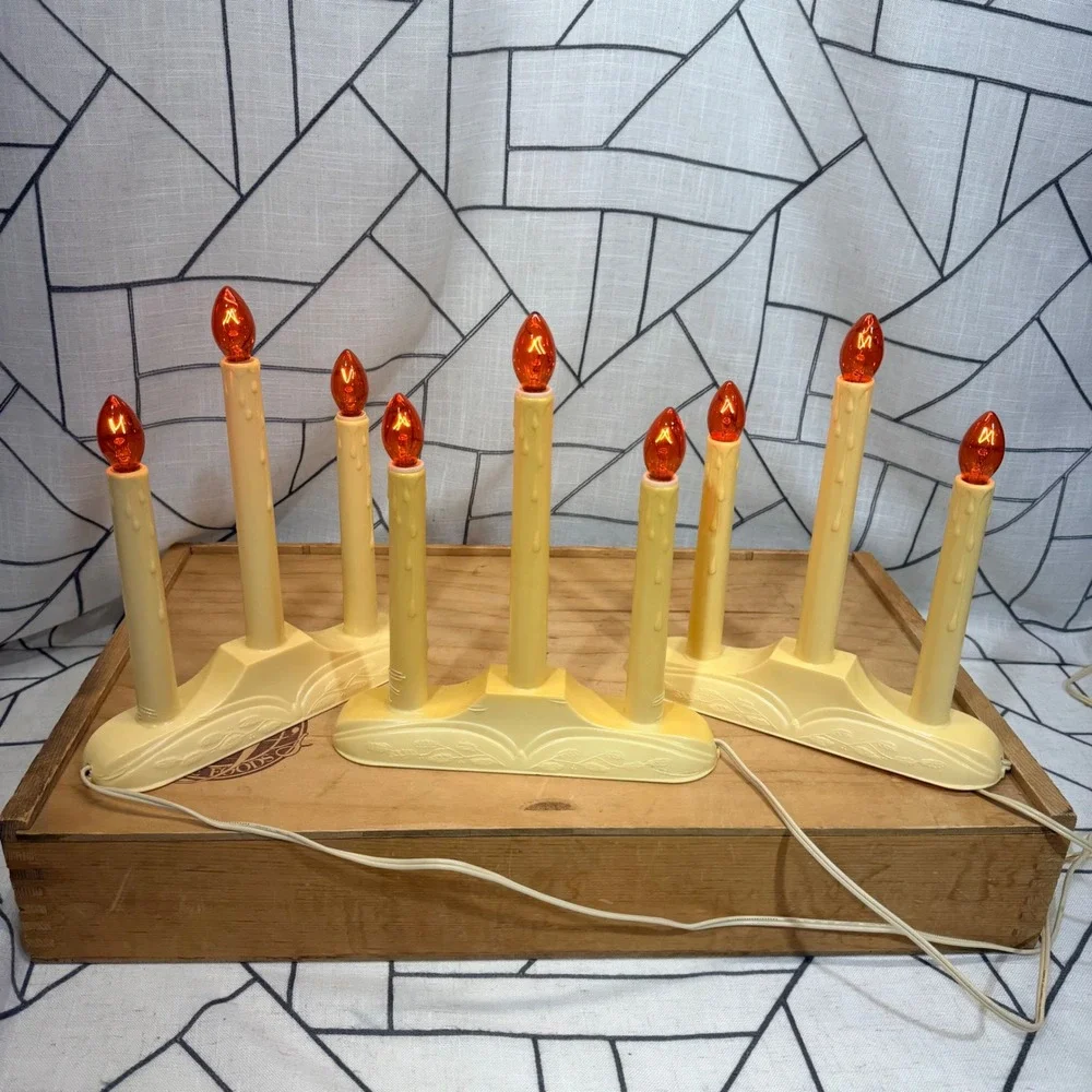 Beacon Electric Window Candolier Christmas Lot 3 Cream Good Vintage Orange Bulbs